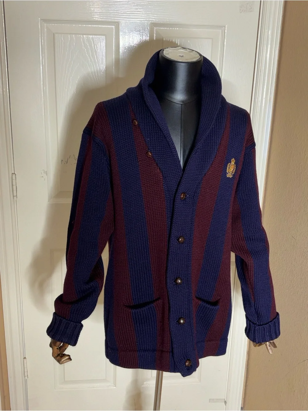 POLO RALPH LAUREN Stripe Shawlcollar Sweater Cardigan Mens Wool Crest Patch Sz L